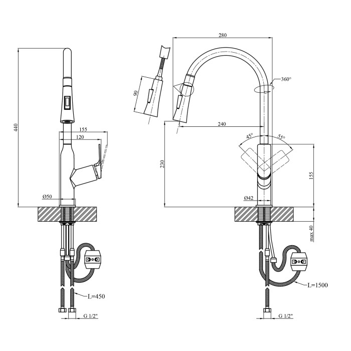 Змішувач для кухні з висувним виливом Kroner KRP Graz - GRP030-T