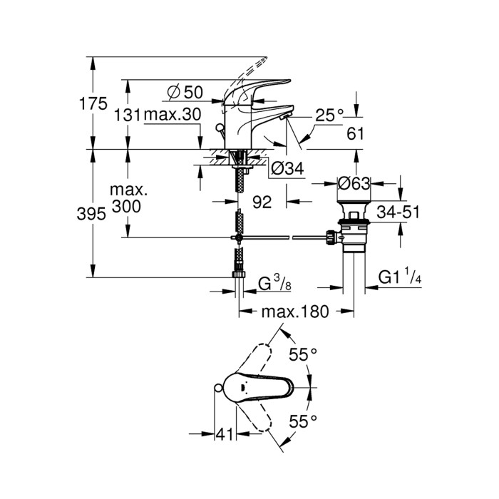 Змішувач для раковини Grohe Euroeco S-Size 23262000 з донним клапаном