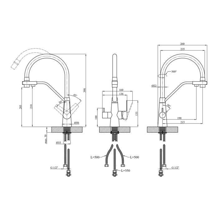 Змішувач для кухні з підключенням до фільтра Kroner KRP Edelstahl Klassisch - ESG03817WHI