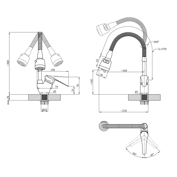 Змішувач для кухні з гнучким виливом Agua Sevilla - C039